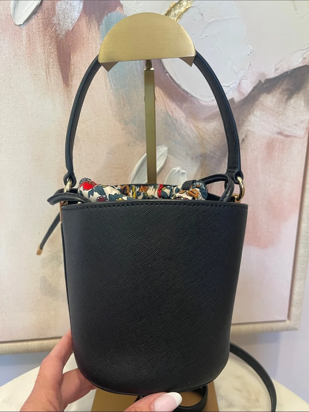 Tory Burch Black Leather Bucket Bag with Floral Lining & Drawstring